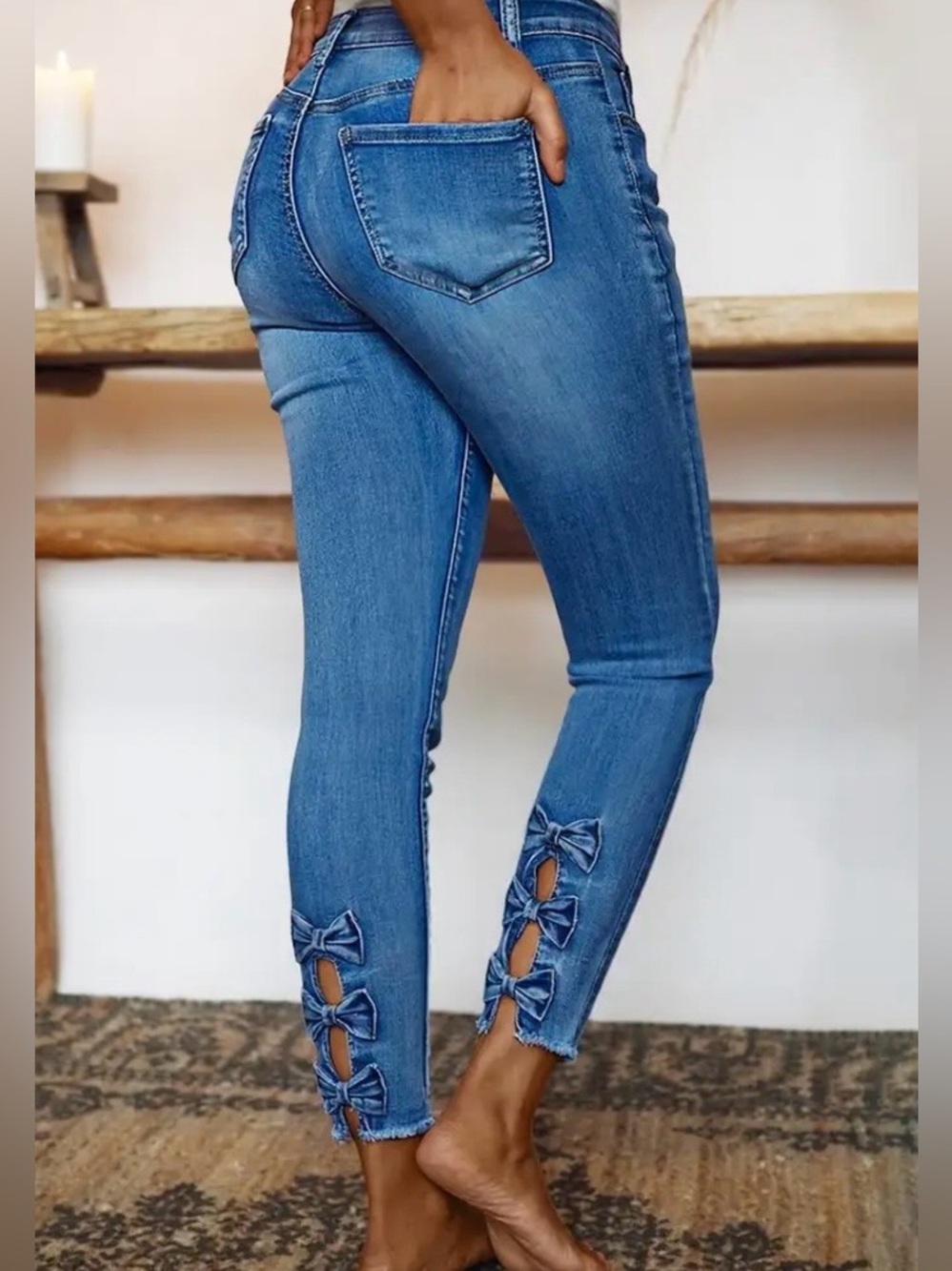 Flamingals Raw Hem Cut Out Bow Tie Mid Waist Crop Skinny Jeans